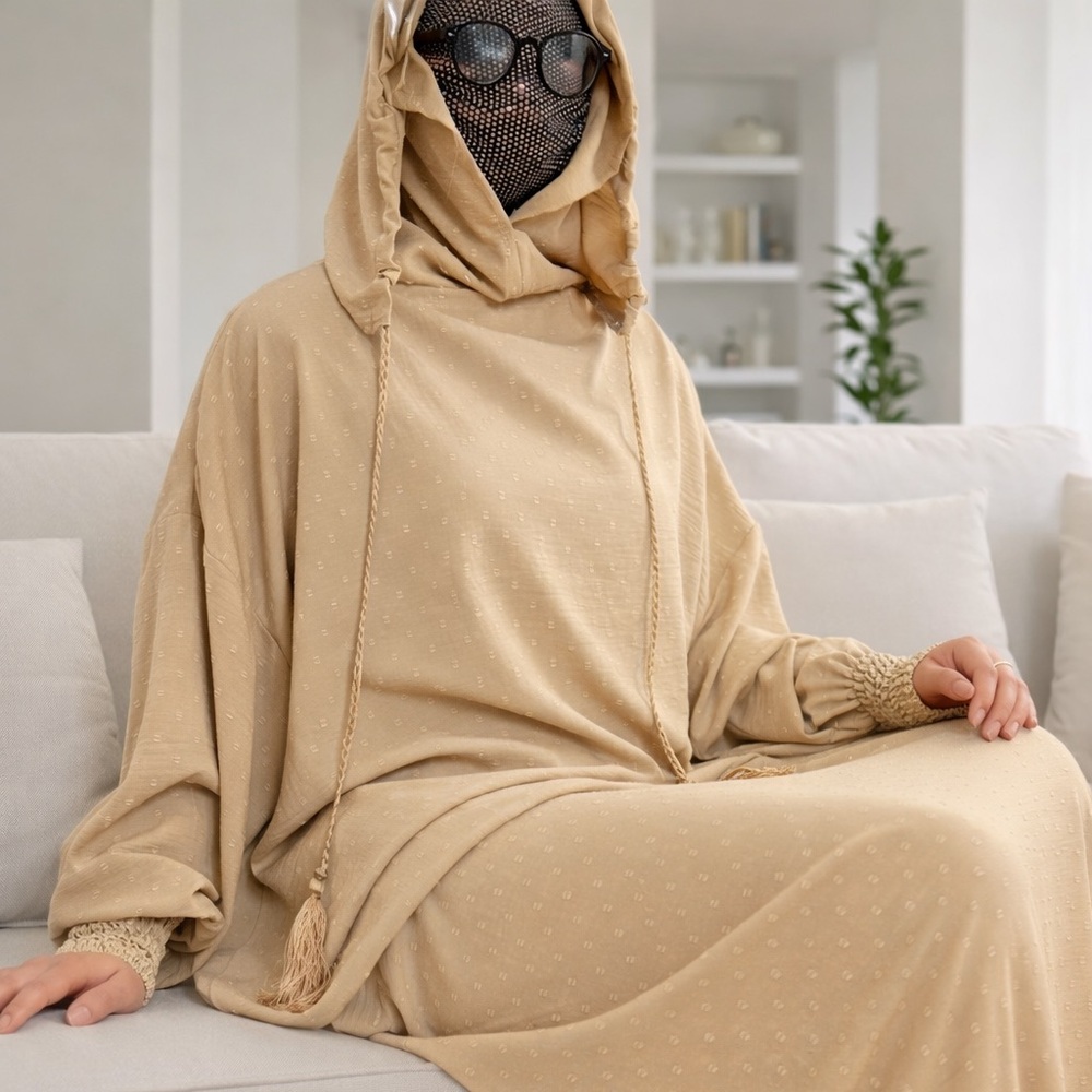 Elegant Brown Polka Dot Hooded Maxi Dress free size